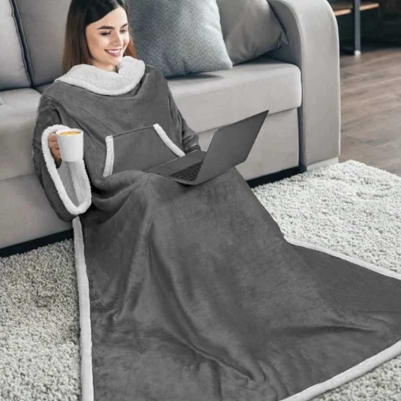 Grey Wearable Lazy TV Blanket With SleeveTV Sofa Blankets For Men WomenThick Fleece Blanket Winter Adult Cozy Soft Nap Blanket Y251013