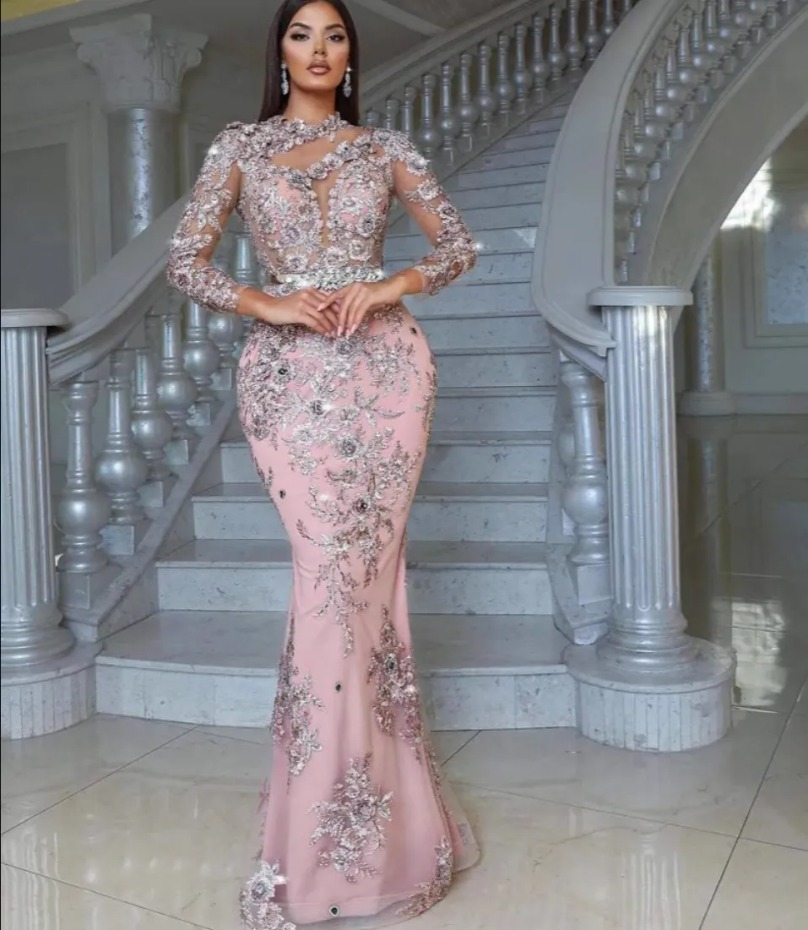 Silver Lace Beaded Mermaid Prom Dresses Appliques Formal Evening Party Gowns Full Sleeves Detchable Train Pink Special occasion Dress Vestidos de gala