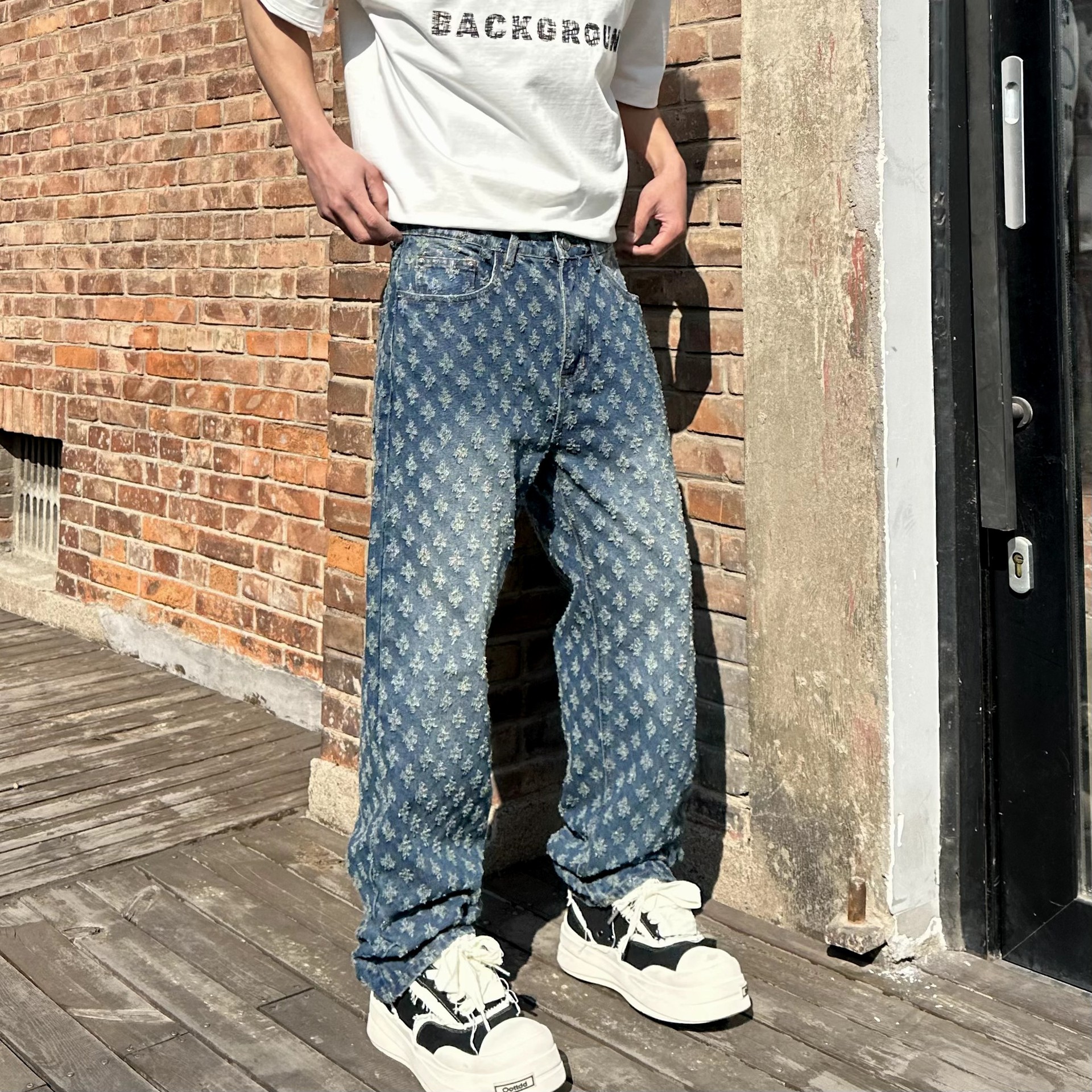 Men's Jeans Harajuku Distressed Vintage Washed Blue Baggy Jeans Pants Mens Straight Ripped Casual Loose Cargos Oversized Denim Trousers