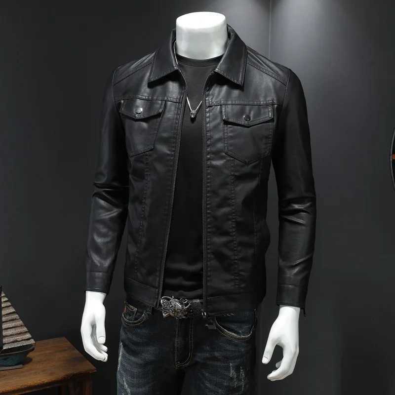 Mens Lapel Leather Jacket Autumn Oversized Slim Motorcycle Riding Suit Winter Thickened PU Leather Waterproof Work Clothes J251103