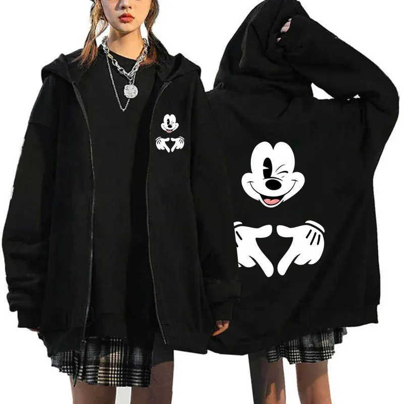 Disney 2025 Womens New Hoaodies Products Mickey Mouse Pattern Sweatshirt Jacket Fall Winter Long Sleeve Oversized Zip Hoodies H251014