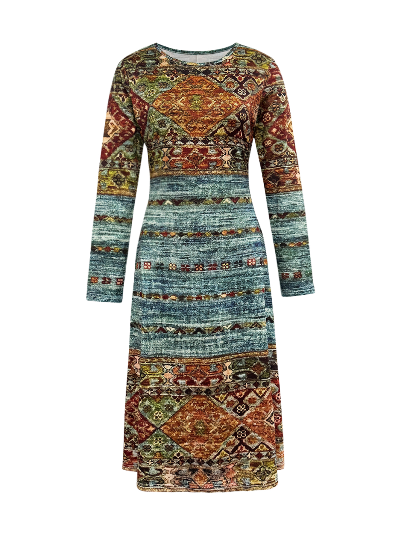 Women's Autumn Winter Ethnic Retro All-Over Printed Long-Sleeve Crew Neck Elegant Midi Dress-CF56358