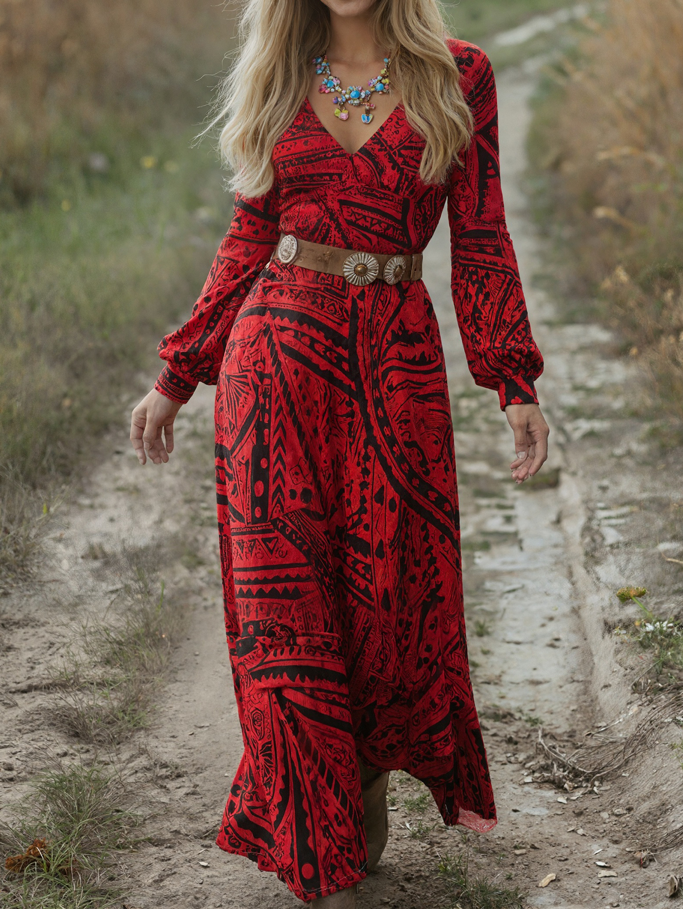 Women's Autumn Winter French - Style Elegant Long - Sleeve All - Over Printed Midi Dress - Casual Office & Vacation Wear-CF56326