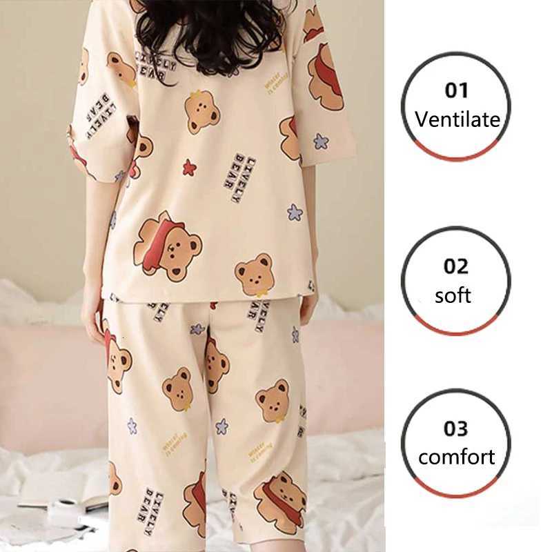 Women Summer Spring Two Pieces Sets Pajamas Short Sleeve ONeck Top Shorts Pants Homewear Loose Cartoon Bear Printing Thin SoftT251014