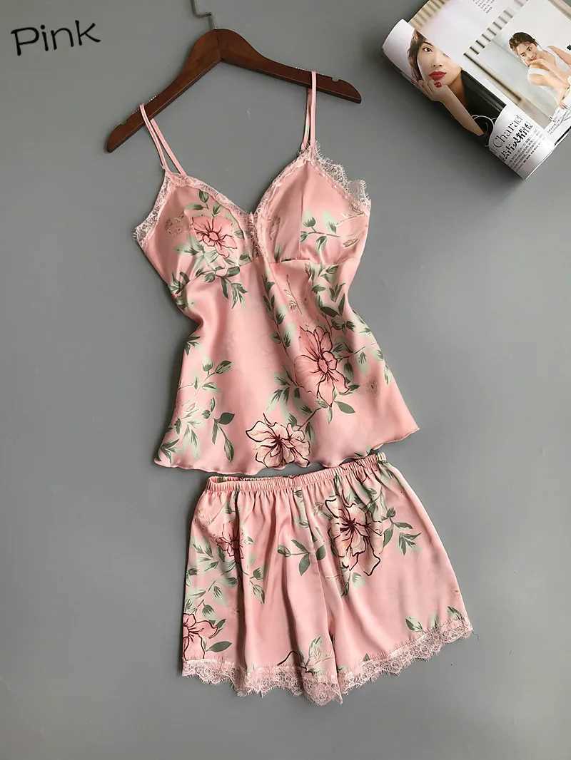 Summer Pyjama Spaghetti Strap Printing Lace Sexy Women Pajamas VNeckBreast Pad Femme Fashion Flower Pajamas SuitT251014