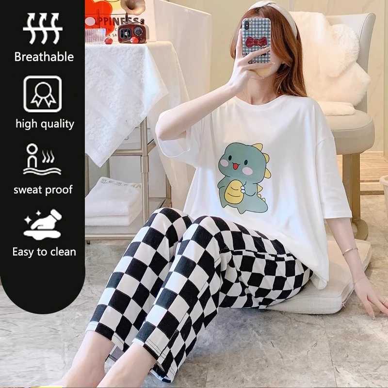Pyjamas Set for Women Short Sleeves Long Trousers Student Pajamas TwoPiece Round Neck Pullover Plaid Trousers Easy to Clean LadT251014