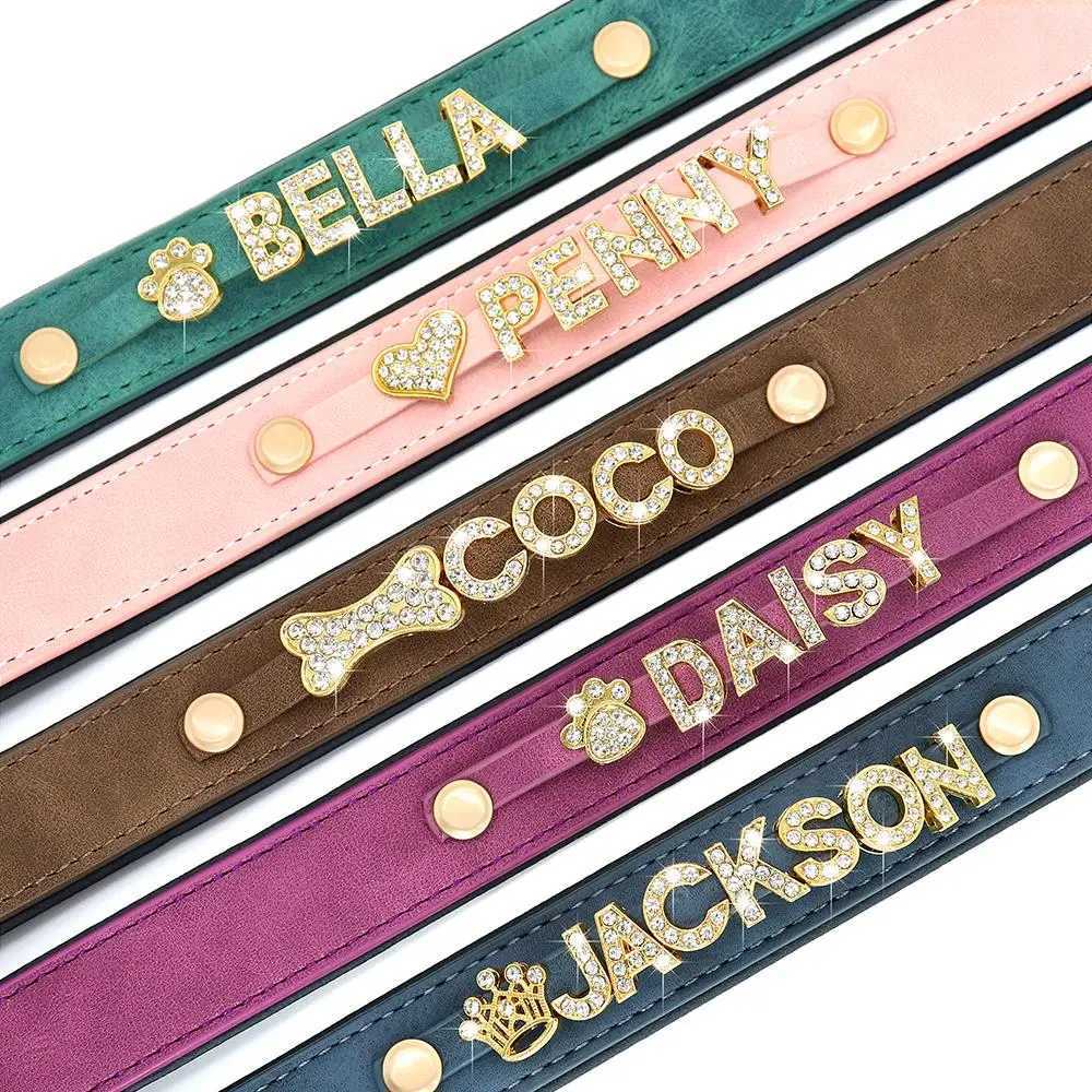 Customized Leather Dog Collar DIY Personalized Small Medium Dogs Chihuahua Pitbull Necklace Free Name Charms Pet Accessories D251014