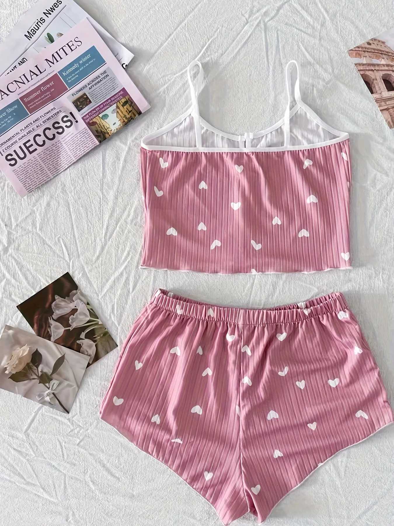 Summer Heart Print Sexy Ribbed Bow Decor Pajama Set for Womens Sleepwear Comfortable Crop Cami Top Shorts LoungerwearT251014