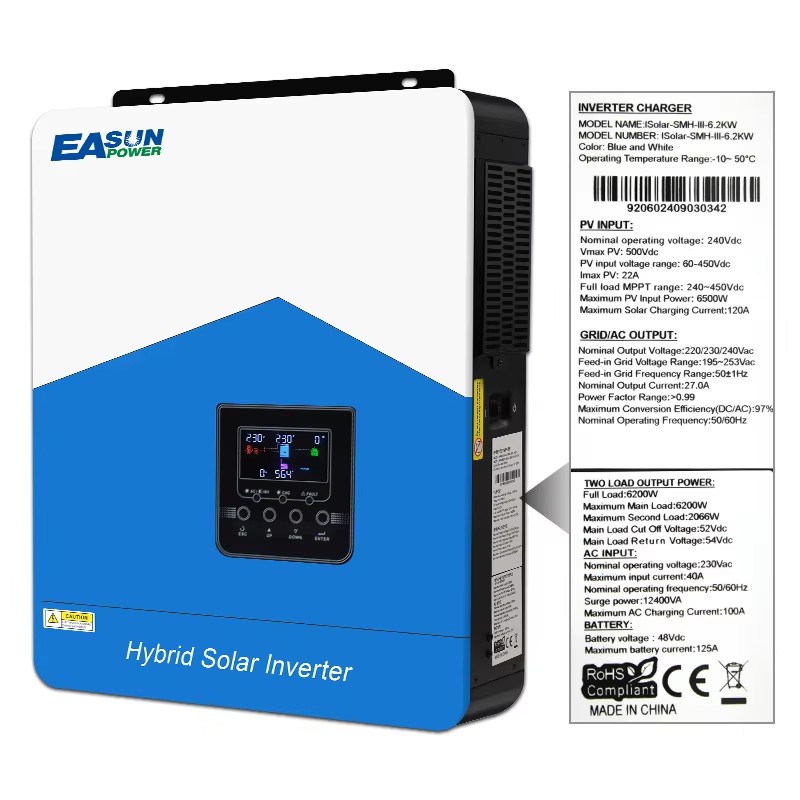 EASUN POWER 6.2KW Hybrid Solar Inverter MPPT 120A 60V to 500VDC PV Input 220VAC 48VDC Solar Battery Charger with WIFI In EU