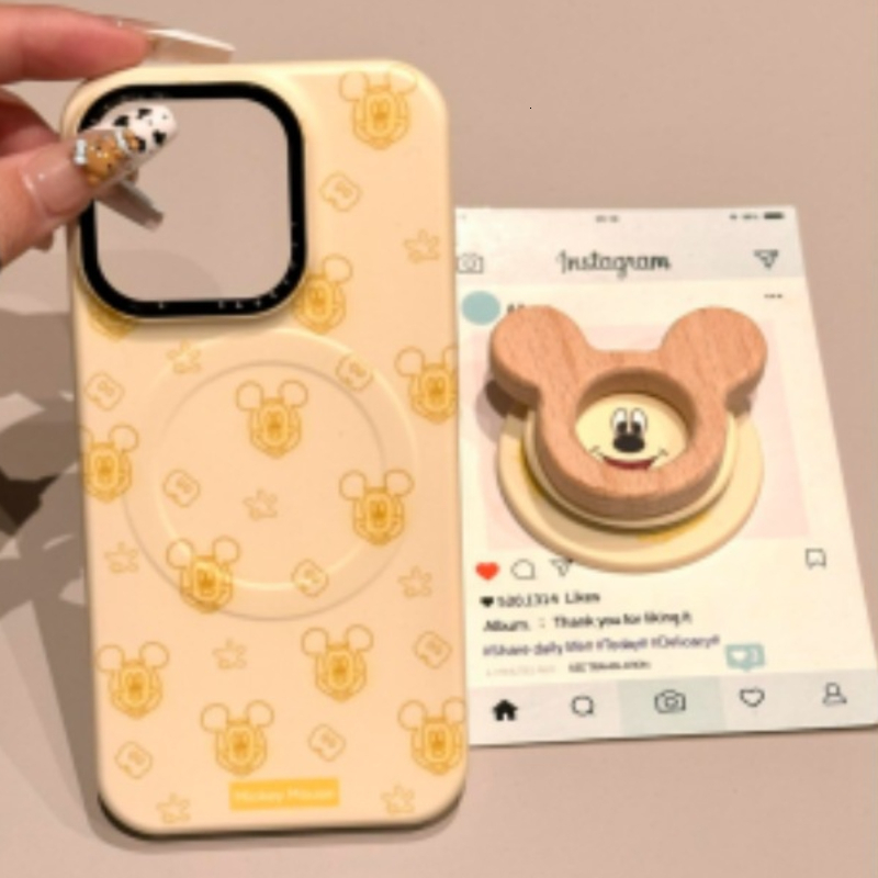 for iPhone 16 Pro Case with Yellow and Blue Background Pattern 3D Mouse Carousel Stand Leather Touch Comfortable Handcrafted Cover for iPhone
