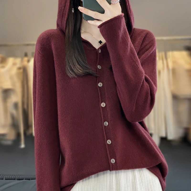 First Line 100 Merino Wool Knitted Cardigan Womens Autumn And Winter Hoodie Loose Sweater Fashionable Versatile Coat Top YC014 W251014