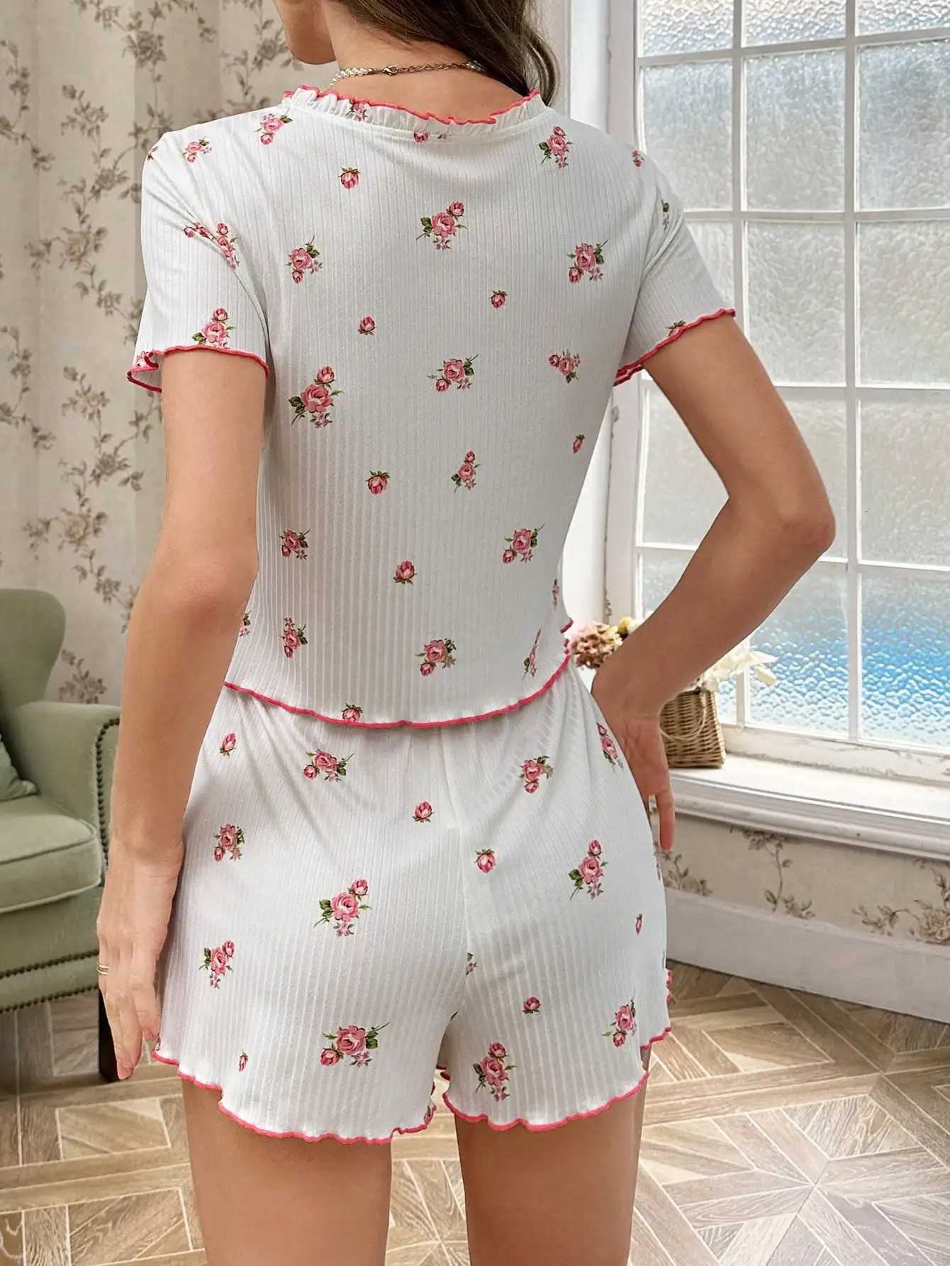 2Piece Womens AllSeason Pajamas Comfortable and Elegant Floral Print ShortSleeved Shorts Pajamas SetT251014