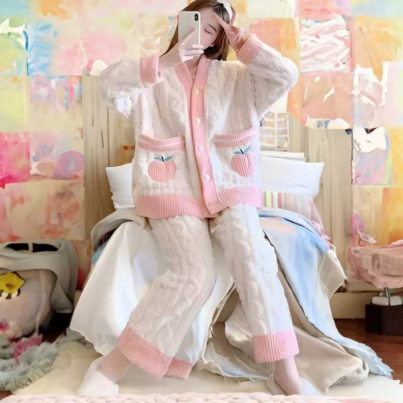 Pyjama pais en flanelle et velours corail fraise vtements de maison pour femmes ensemble de vtements de nuit col en v sa Y251013
