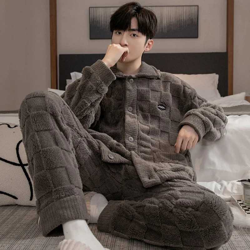2Pcsset mens pajamas autumn and winter padded and thickened warm longsleeved trousers coral fleece homewear mens clothing Y251013