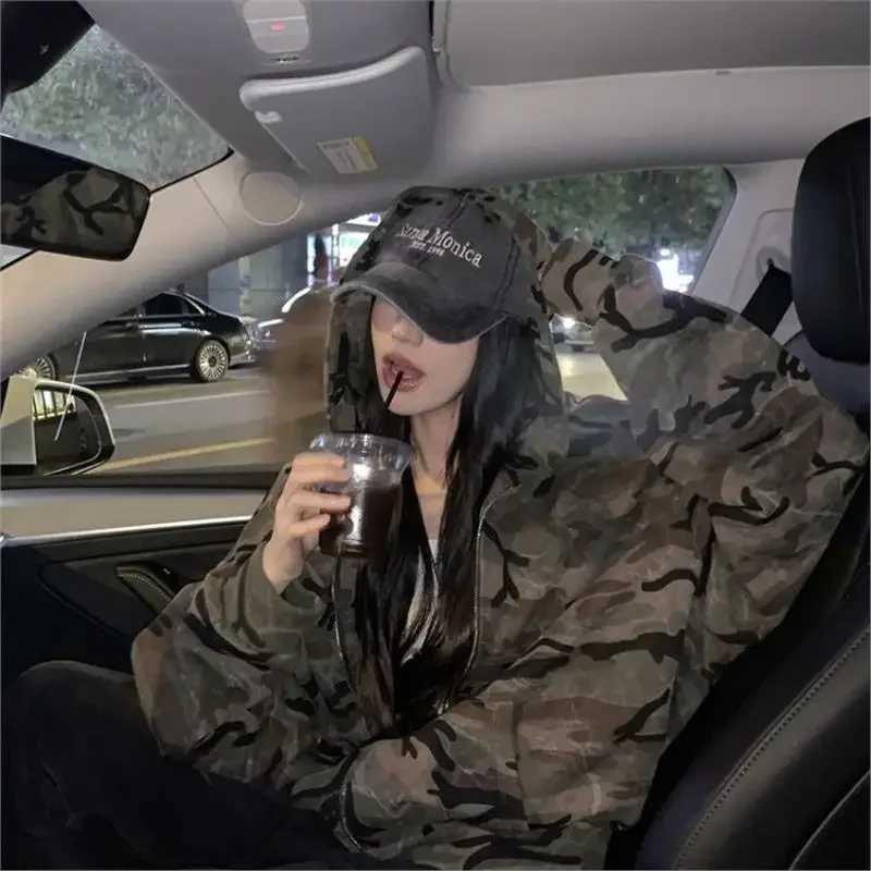 American R Camouflage Hoodie Womens Loose Design Casual Long Zipper Top Versatile Autumn Wear W251014