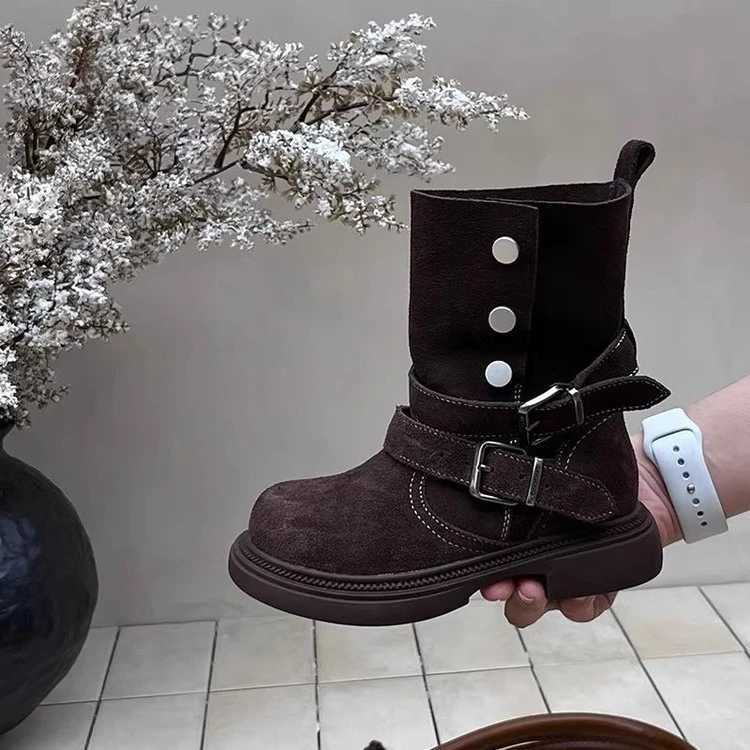 Girls Belt Buckle Design Motorcycle Boots 2025 Spring and Autumn New British Style Thick Heel Lightweight Midsole Boots C251014