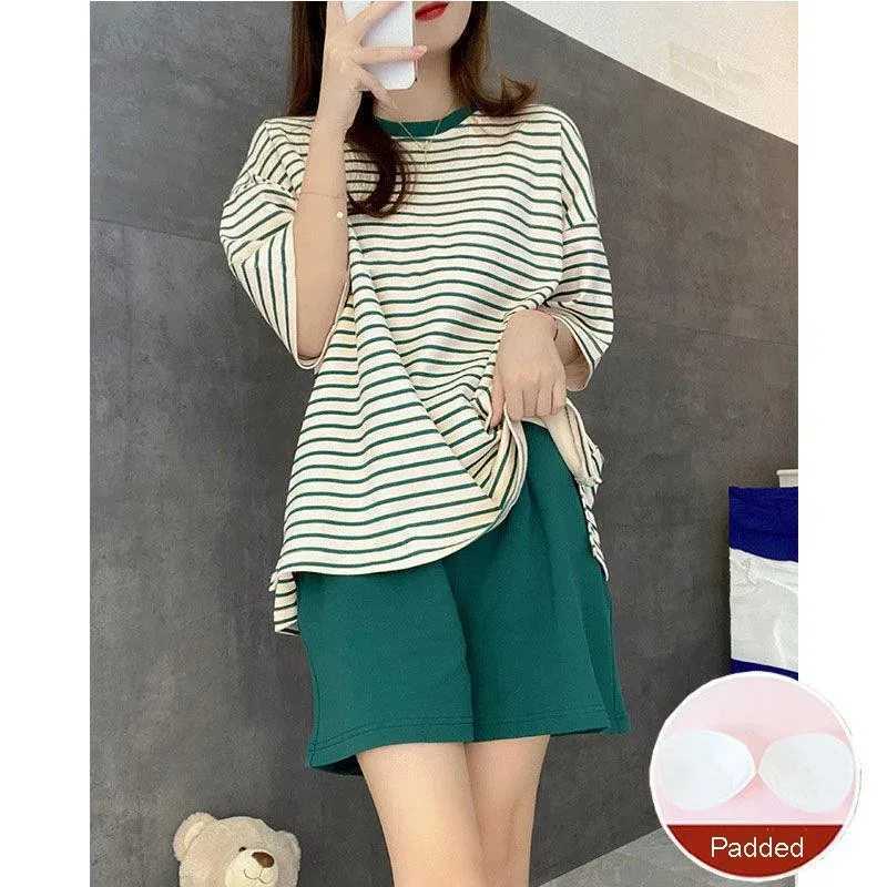 Large Size with Cushion Pajamas Women Summer Loose Striped School Leisure Homewear TwoPiece Set Green Korean Fashion SleepwearT251014