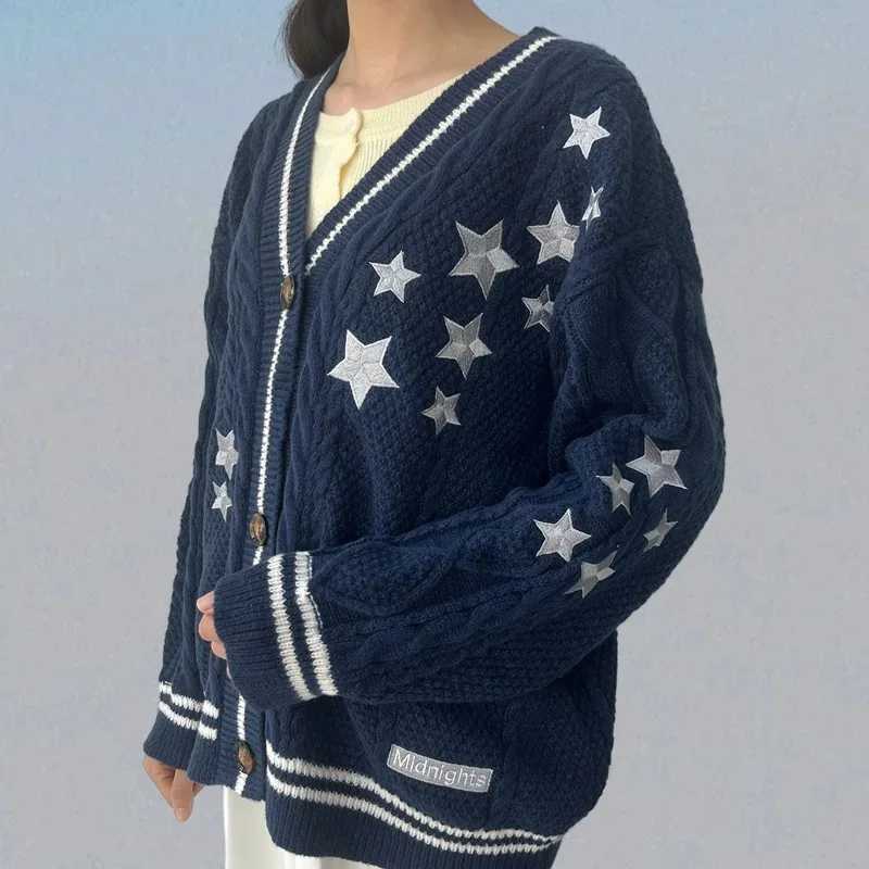 Midnight Dark Blue Cardigan Women Casual Fashion Star Embroidery Sweaters Femmes Autumn Winter Loose Fit Knitted Cardigans Tops W251014