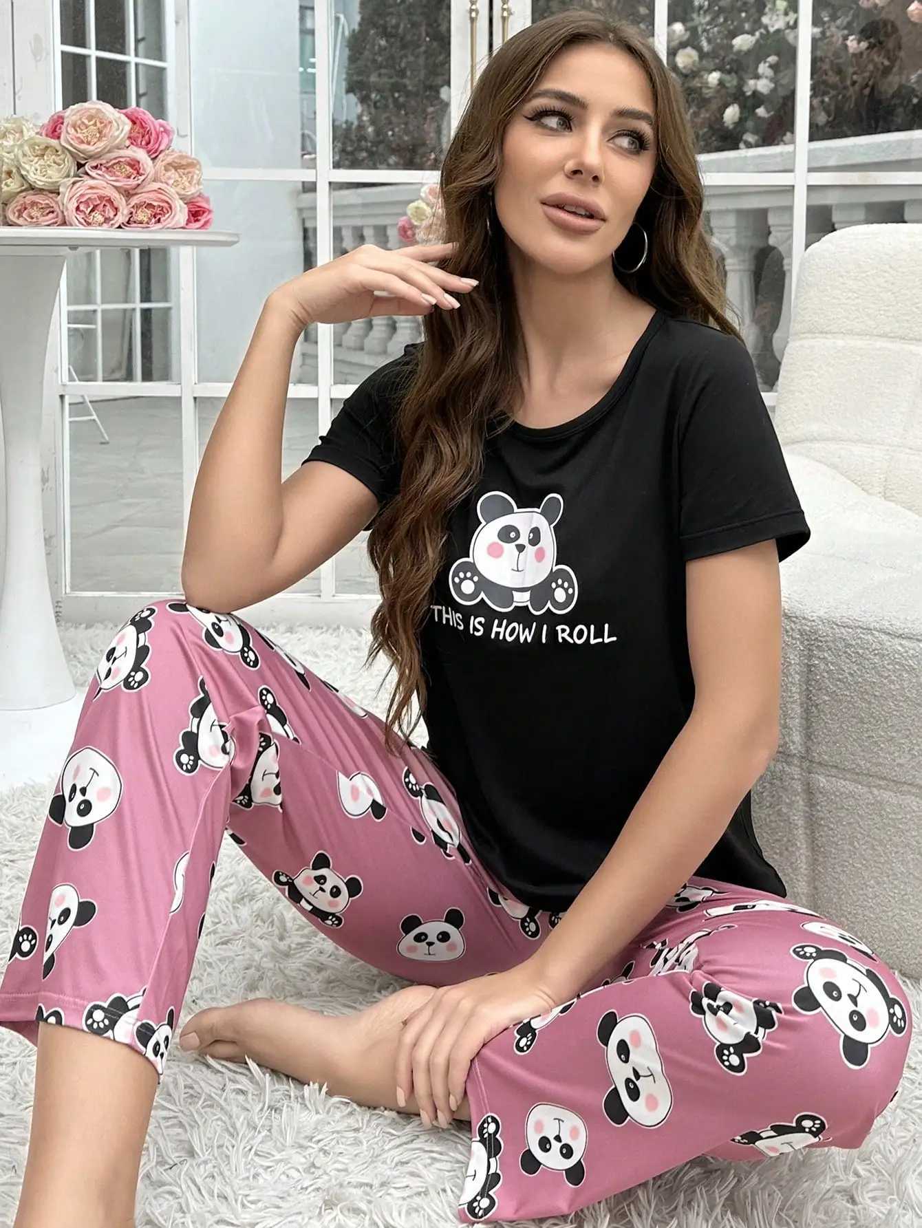 2Piece Womens Pajama Set Animal Print ShortSleeved Pants SetT251014