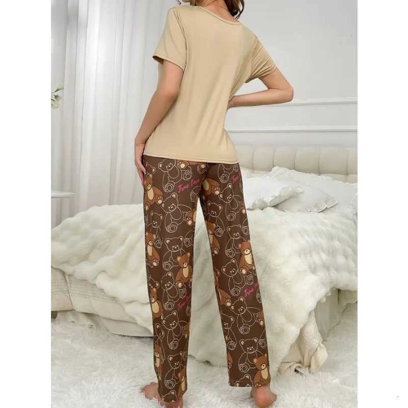 Womens Pajamas Set Short Sleeve Top And Pants Sleepwear 2 Piece Set Women Cute Print Casual Breathe Homewear AutumnT251014