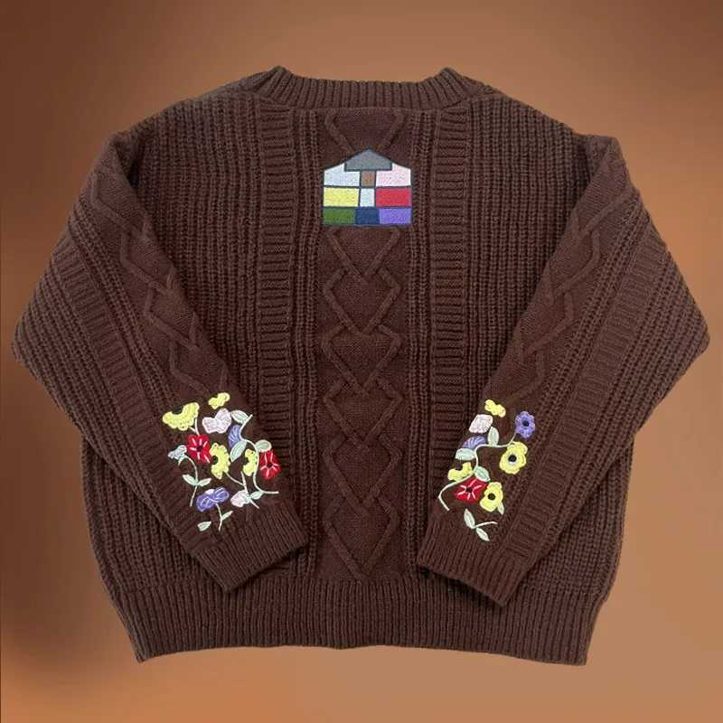 Fashion Eras Oversized Cardigan Women Vintage Dark Coee Flower Embroidery Sweater Y2k Vne Fall Winter Knitted Cardigan W251014