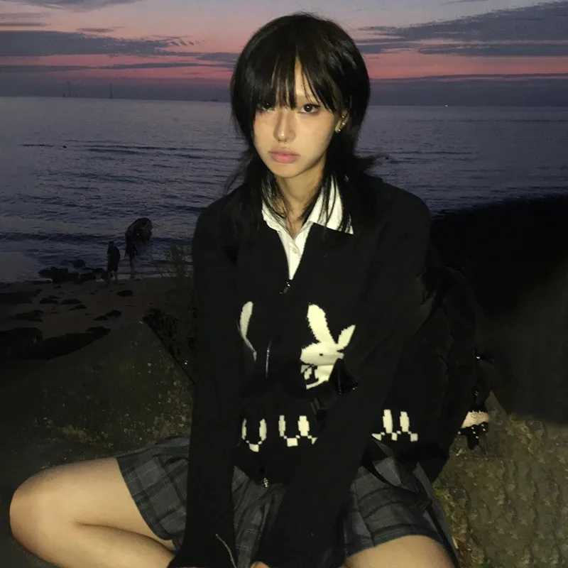 Karrram Japanese Y2k Knit Cardigans Vintage Rabbit Embroidery Zipper Knitwear Harajuku 2s Korean Knitted Coat Preppy Style W251014