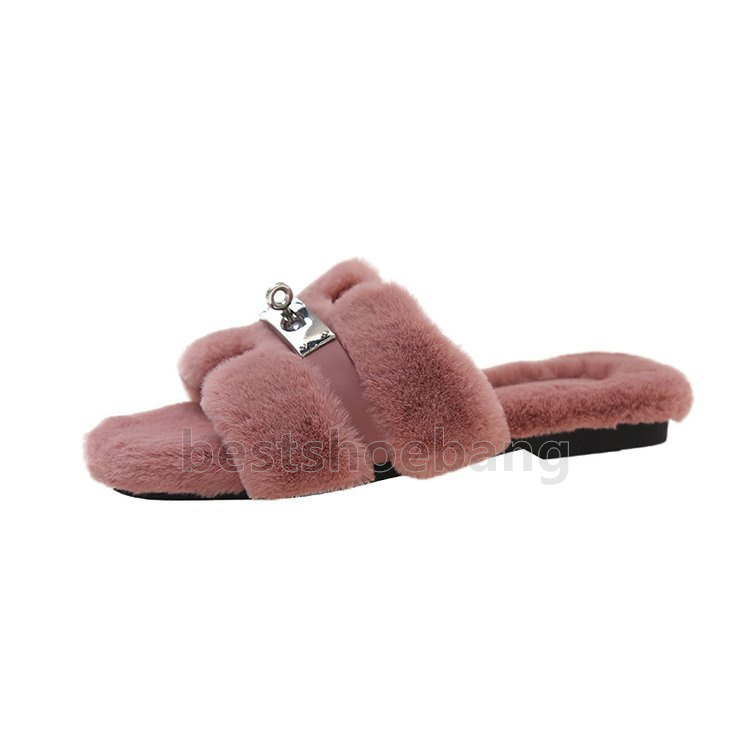 Stylish Plush sandals comfortable Fuzzy Lining slides black white khaki pink Elegant Outdoor Indoor Winter womens slippers Size 35-40