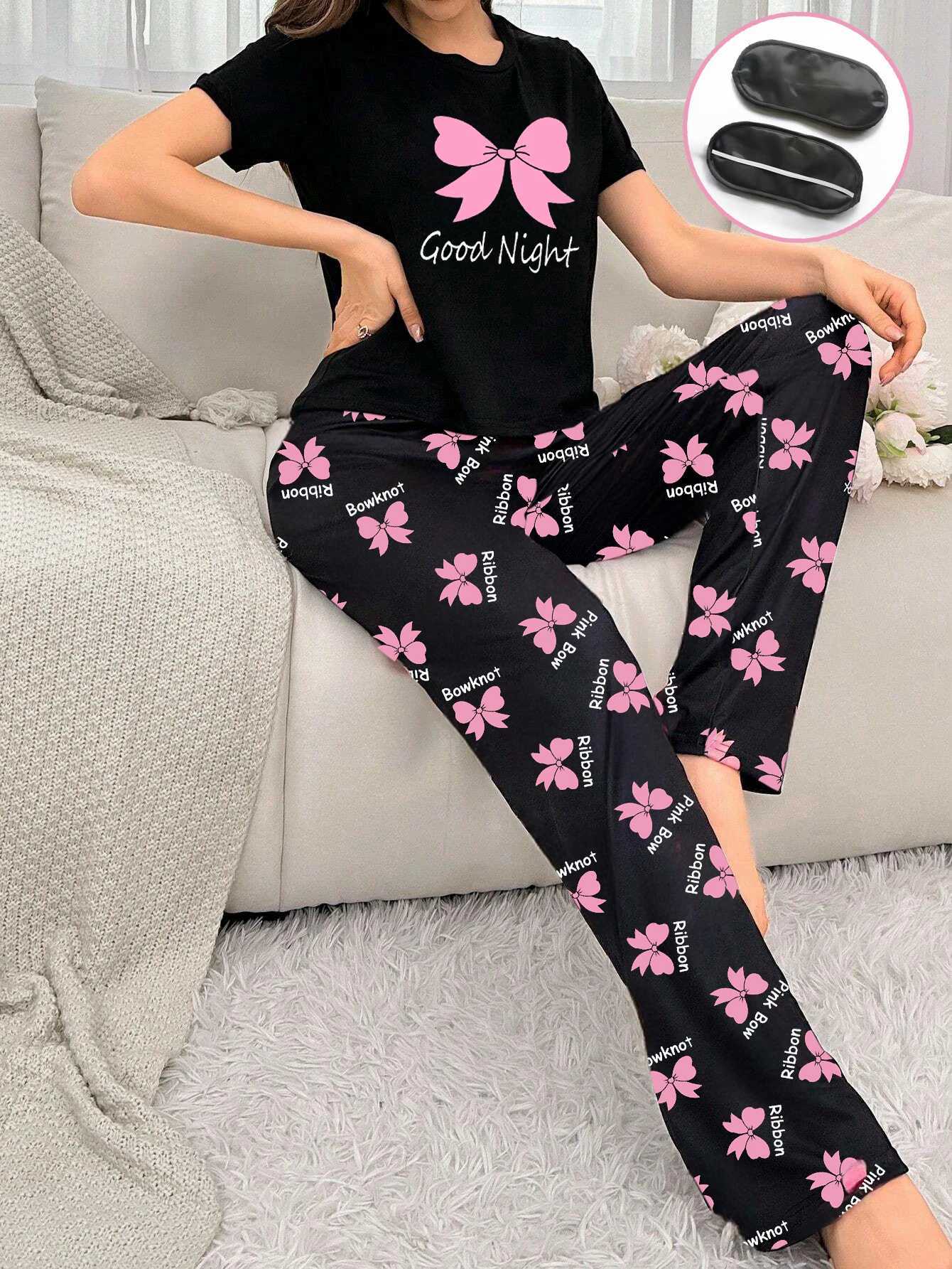 Womens new style bow print shortsleeved trousers twopiece casual comfort home wear eye mask pajamas setT251014