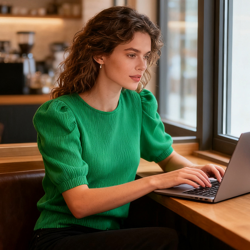 Women's T-Shirt Women's Green Ribbed Short - Sleeve Puff - Shoulder Pullover Top, Chic and Comfortable AS24-0805