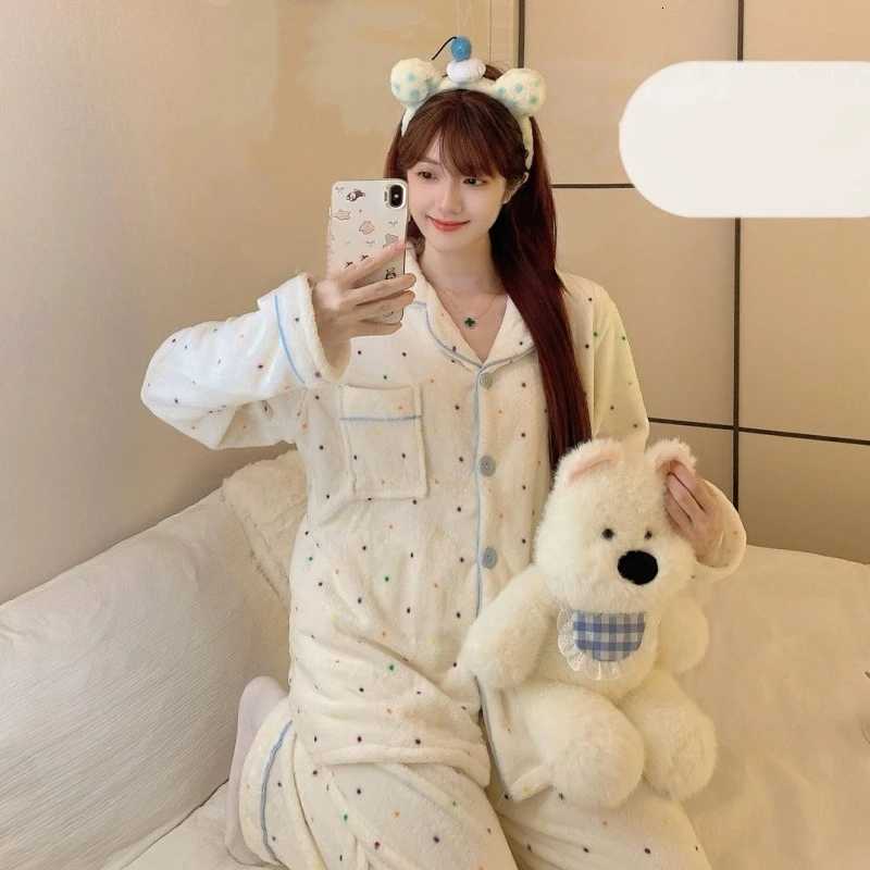 Autumn Winter New Pajamas Lapel Neck Long Sleeve Colourful Dot Print Warm Sleepwear Thick Casual Pajamas Coral Fleece TwoPiece Y251013
