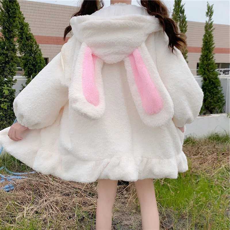 Rabbit Women Winter Long Sleeve Fuzzy Hooded et Harajuku Kawaii Bunny Ears Zip Up Cardigan Coat Plush Warm Ruffles Outwear Y251013