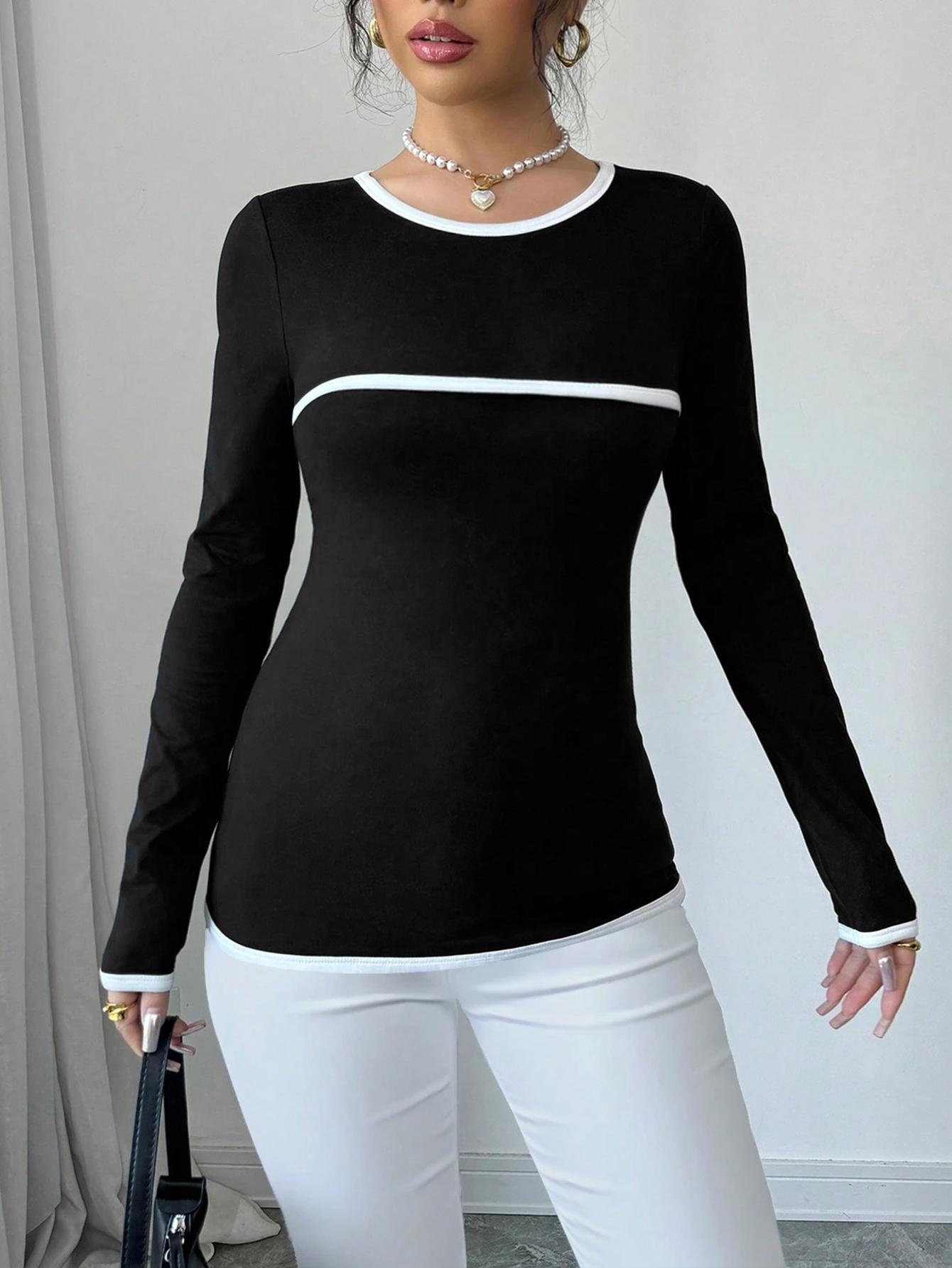 Women's Autumn French Elegant Black & White Contrast Long-Sleeve T-Shirt - Casual & Versatile Top-SZ25128