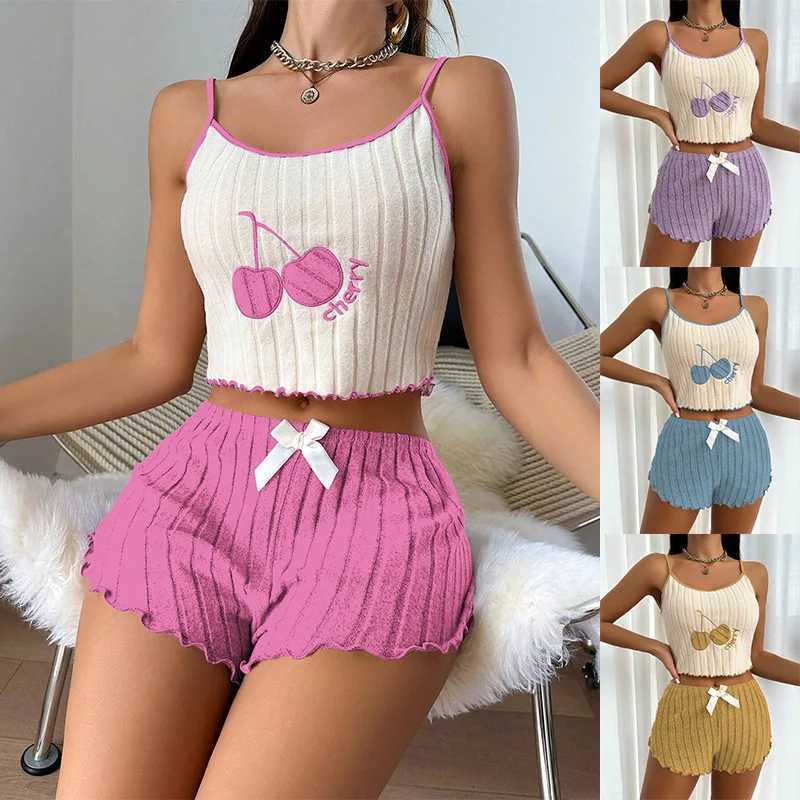 Summer 2pcs Pajamas Set for Women Casual Simple Ground Wool Halter Vest Shorts Set Home Wear Sleepwear LoungerwearT251014