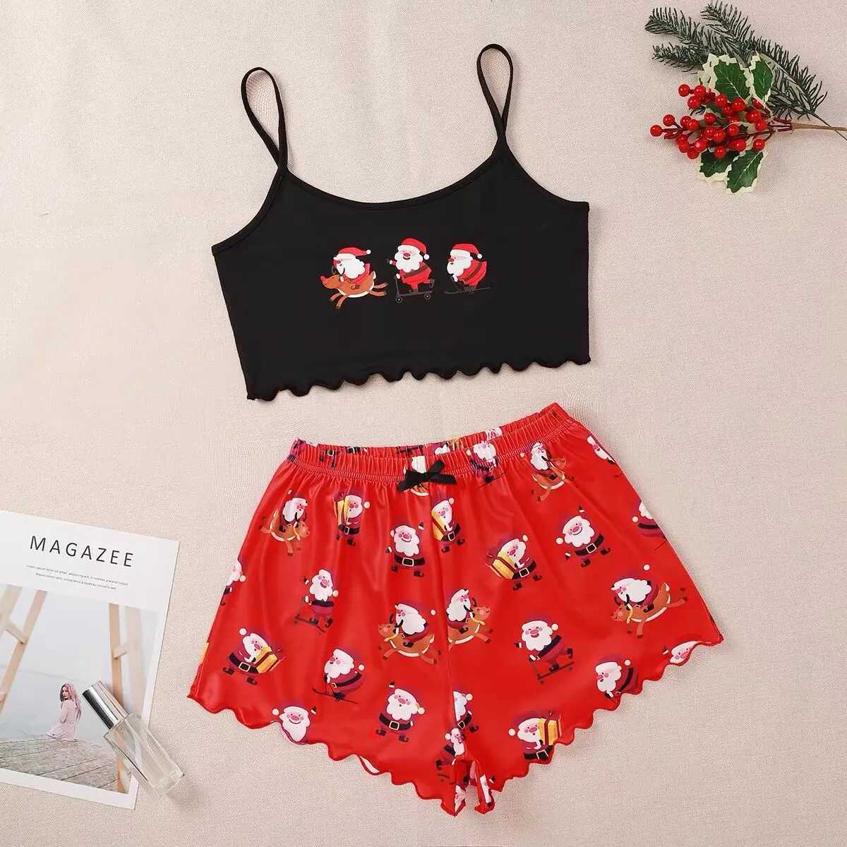 Christmas Snowman Print Pajama Set Womens Spaghetti Strap Crew Neck Top and Shorts 2PCS Sleepwear LoungewearT251014