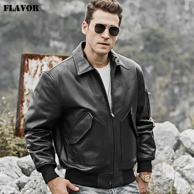 FLAVOR Mens Real Leather Jacket Bomber Lambskin Winter Warm Air Force Leather Coat J251014