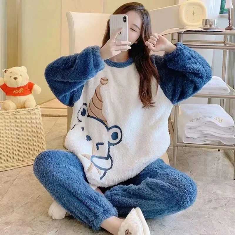 Thickened Warm Flannel Women Sleepwear Coral Velvet Pajamas Autumn Winter Cute Cartoon Bear Padded Two Sets Nightwear CasualT251014