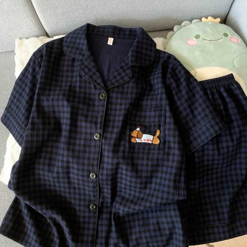 Embroidery Dog Sleepwear Fashion Cute Pajamas Set for Women Plaid Lapel Elastic Waist Design Pajamas Short Casual NightwearT251014