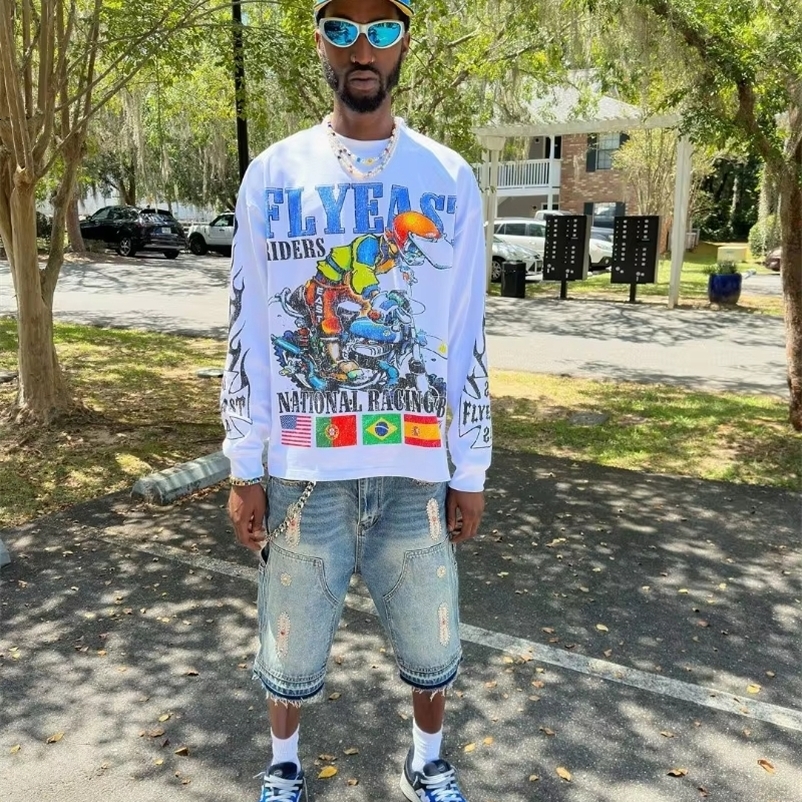 High Street Retro Fashion Fashion Long Sleeve Anime Motorcycle Printed Y2k Harajuku Leisure Sports Outdoor TShirt 251013