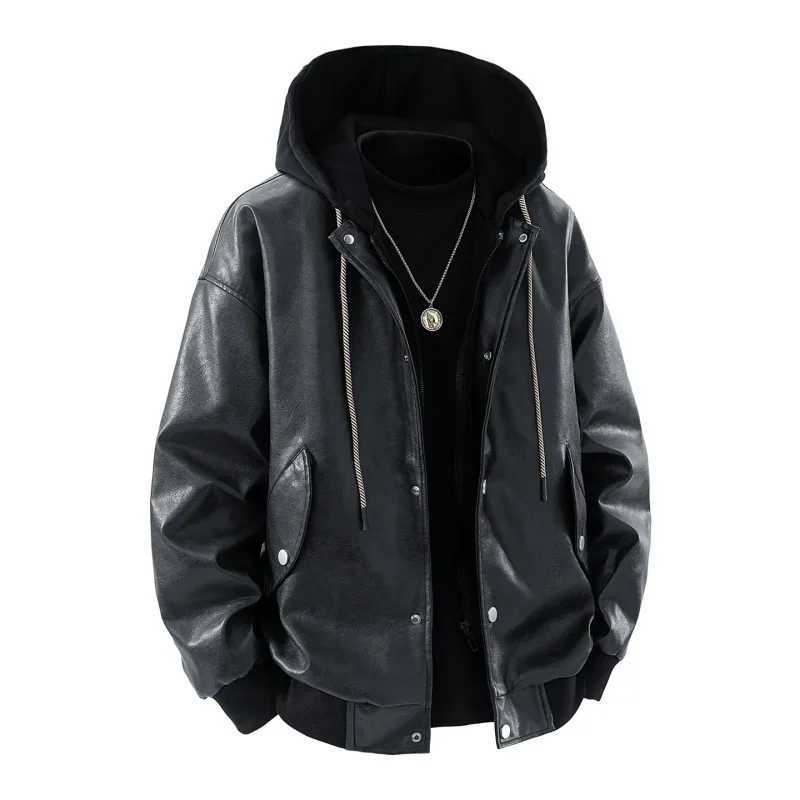 Fake Two piece Hooded Leather Jacket Men American Vintage Mens PU Leather Motorcycle Jackets Trendy Versatile Streetwear Coat J251014