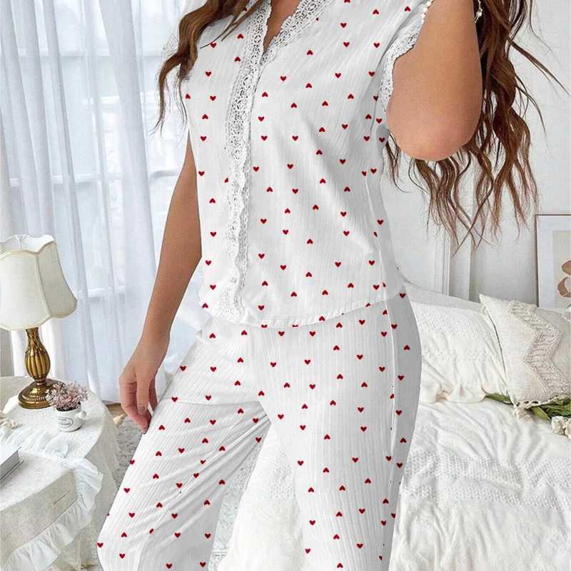 Ladys Loungewear Summer Chic V Neck Short Sleeve Pajamas Sets Cherry Heart Print Relaxed Casual Homewear 2pcsT251014