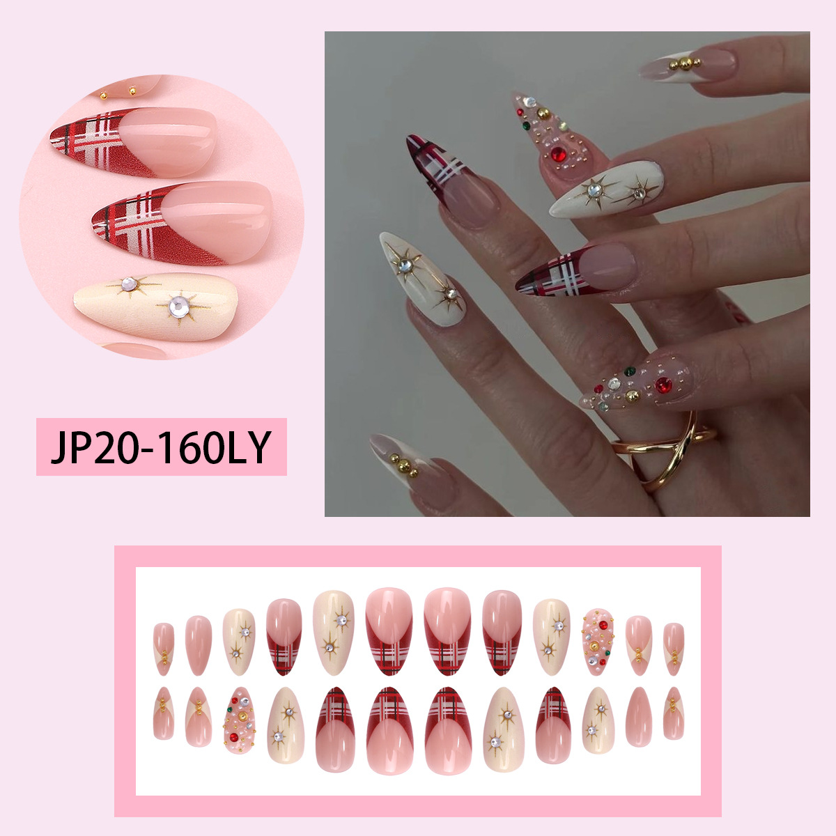 Christmas Tree Press-On Nails Snowman Painted Patterns with Bows Pine Cones, Snowflake Reindeer, Luxury Red Plaid French Nails with Multiple Diamonds 