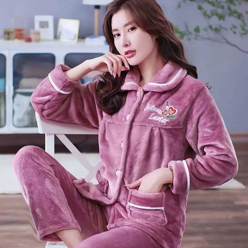 Autumn Winter Thicken Flannel Women Pajamas Set Twopiece suit Warm Loose Longsleeve Female Casual Home service Singlebreasted Y251013