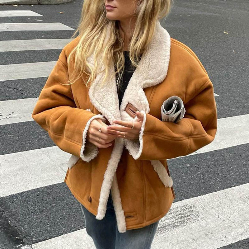Winter Thick Spliced Fur Short Sleeve Jacket Fashion Single Chest Brown Pocket Jacket Womens High Street Wear 241202