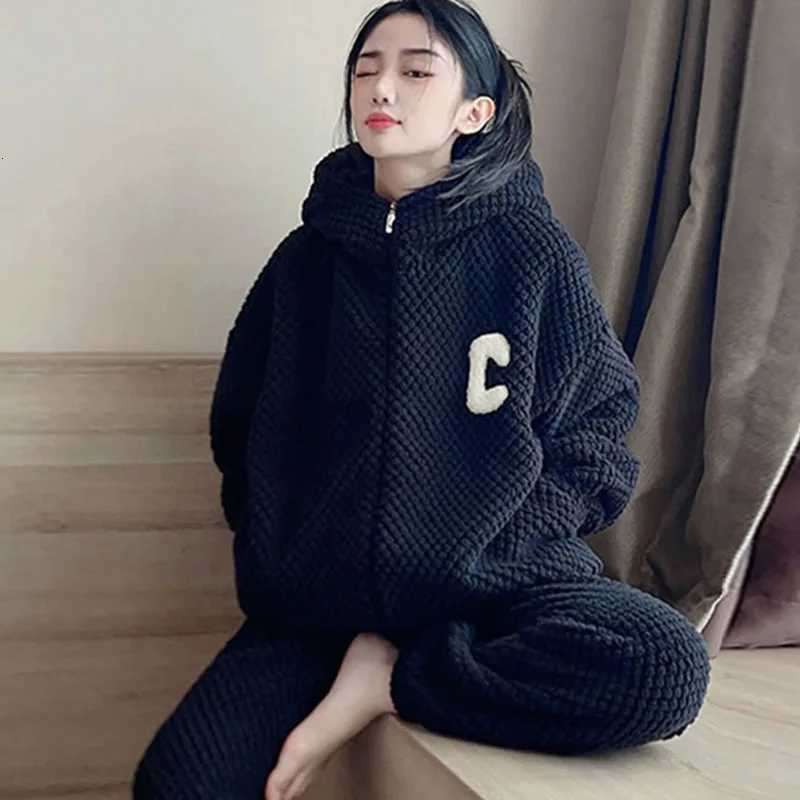 Winter Fleece Thickened Warm Coral Velvet Pajamas Women Autumn Winter Flannel Loungewear Hooded Zipper Long Sleeve Sleepwear Y251013