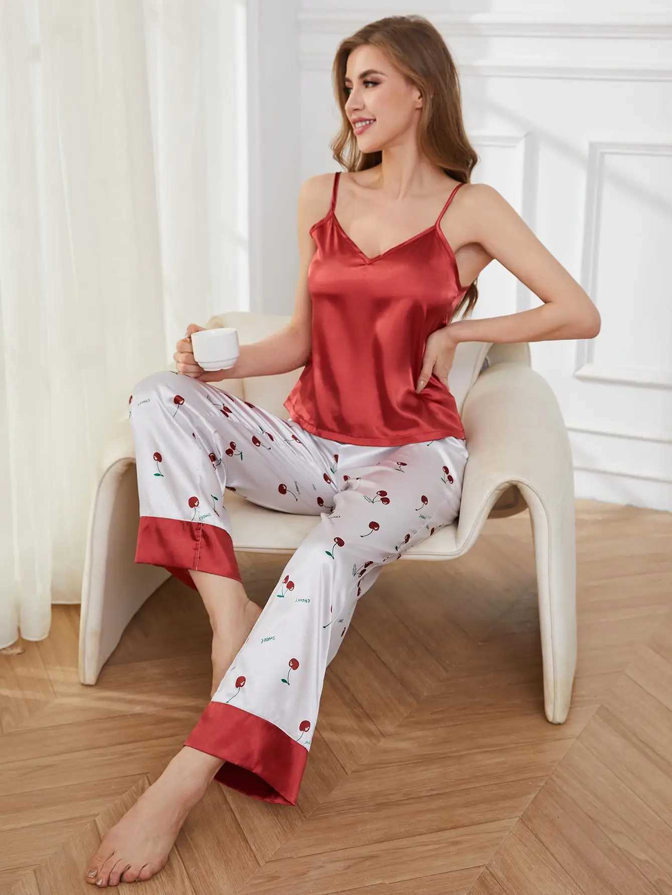 Silk Satin Women Pajama Set V Neck Solid Sleeveless Top Long Cherry Print Pants 2 Pcs Female Sleepwear Nightwear HomewearT251014
