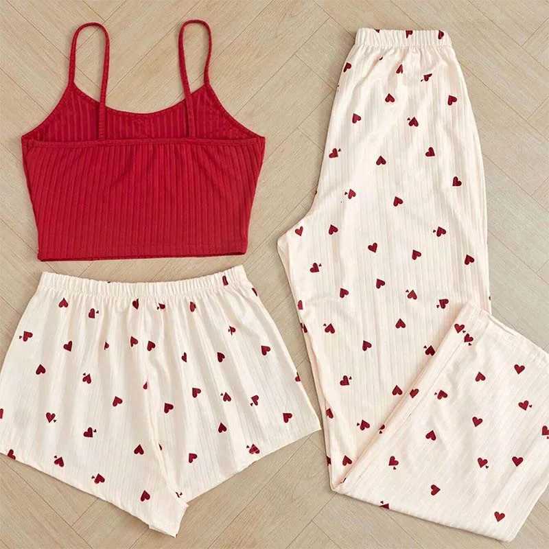 3 Pieces Pajamas Set Women Sleepwear Casual HeartShaped Printed Vest and Shorts and Pants Sets Homewear PijamasT251014