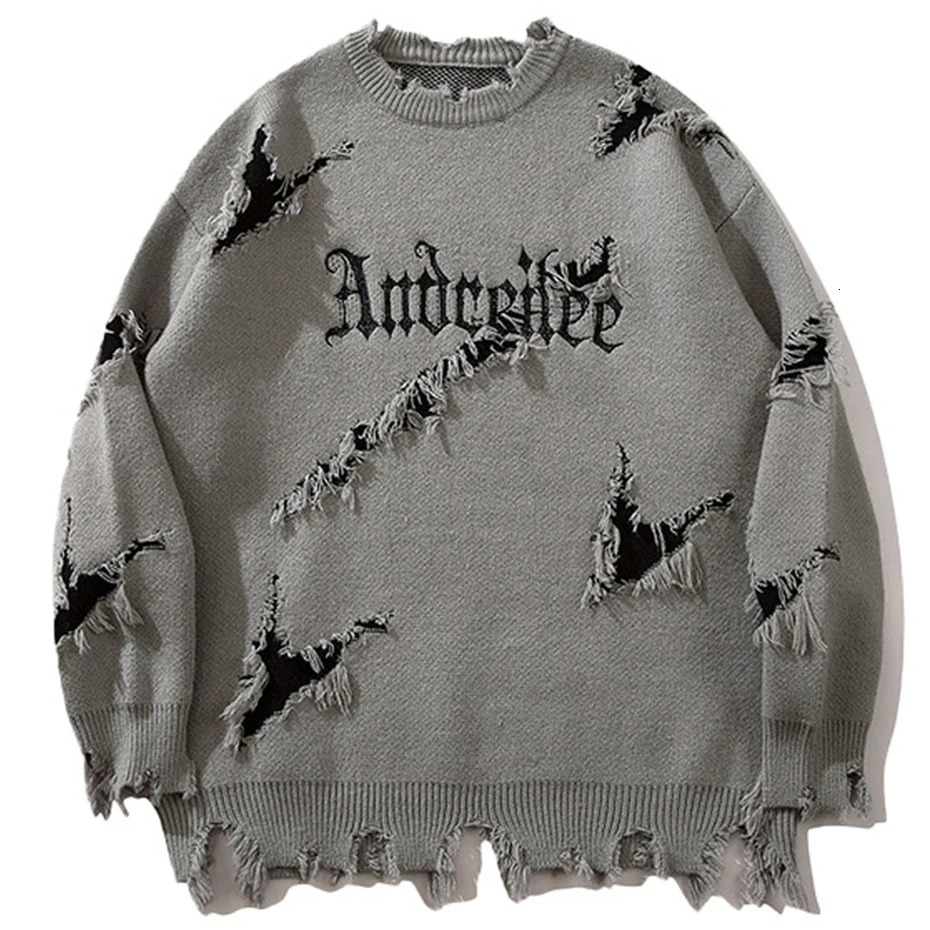 Vintage Ripped Sweaters Men Y2K Oversized Sweaters Knit Jumpers Streetwear Harajuku Hip Hop Sweaters Knitwear 251014