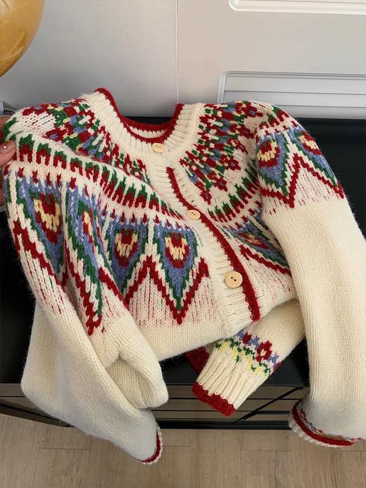 c Jacquard Knitted Sweater For Women Autumn Winter Round Ne Singlebreasted Cardigan Casual Short Outerwear W251014