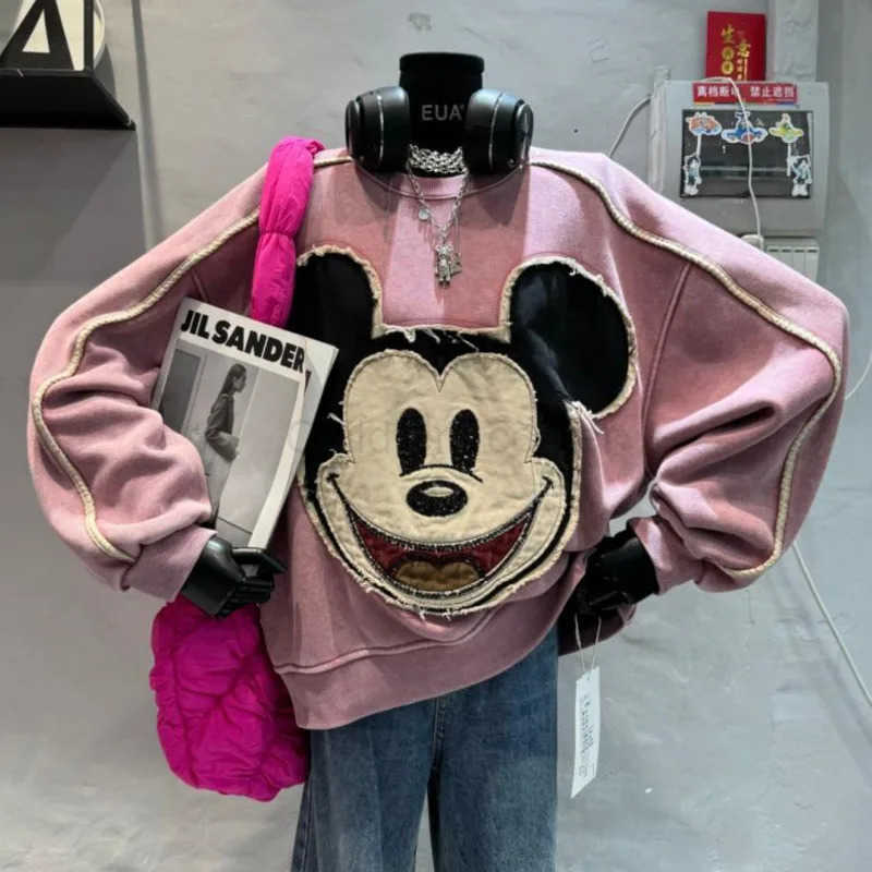 Disney Mickey Cartoon Patch Designs Hoodie Women Loose Casual Versatile Plush Pullover Korean Version Vintage Niche Sweatshirt H251014