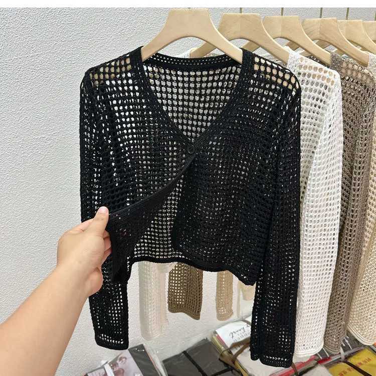 Hollow Mesh Ice Silk Suns Jaet for Womens Summer Long Sved Outerwear wi Small Shl Knitted Cardigan W251014